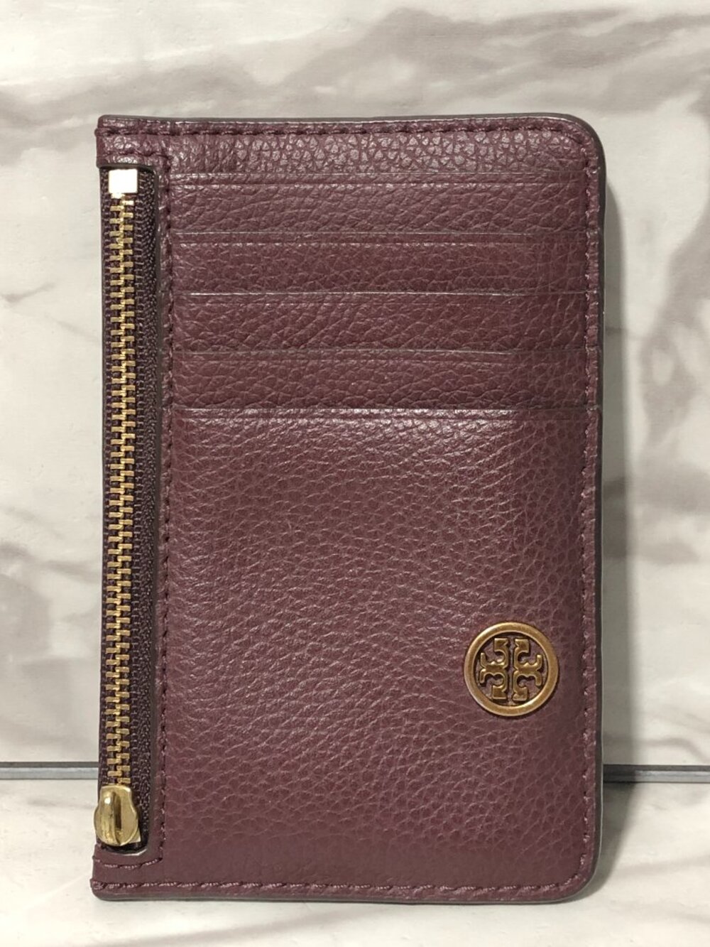 Tory Burch Slim Pebble Leather 5 Credit Card Holder Brown Gold Logo with Zipper